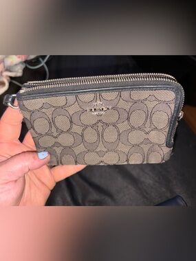 Coach Brown Signature Canvas Zip Phone Case with Wristlet